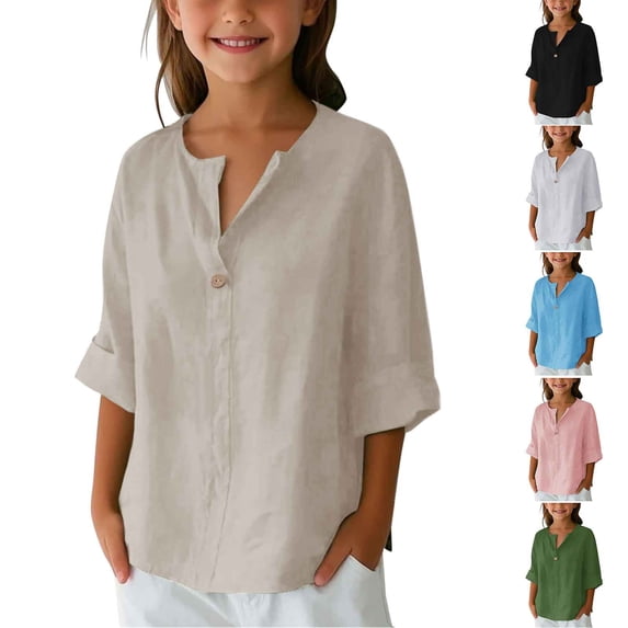 Tranfacy Middle Big Girls Fall Blouse and Shirt Pullover Loose Solid 3 4 Sleeve V‑Neck Button Front Daily Outfit Tops for 3‑14 Years Old