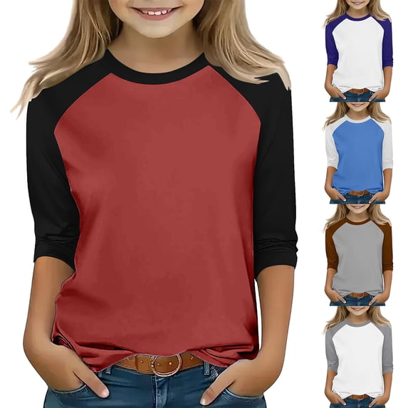 Tranfacy Kids Solid Raglan 3/4 Sleeve Round Neck Casual Top for Boys Girls Purple 3‑14 Years