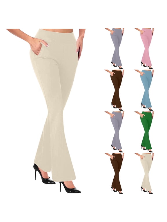Ladies Solid Knit Mini Flare Full Length Pants Crisscross Waist Slim Stretch Base Layer Trousers