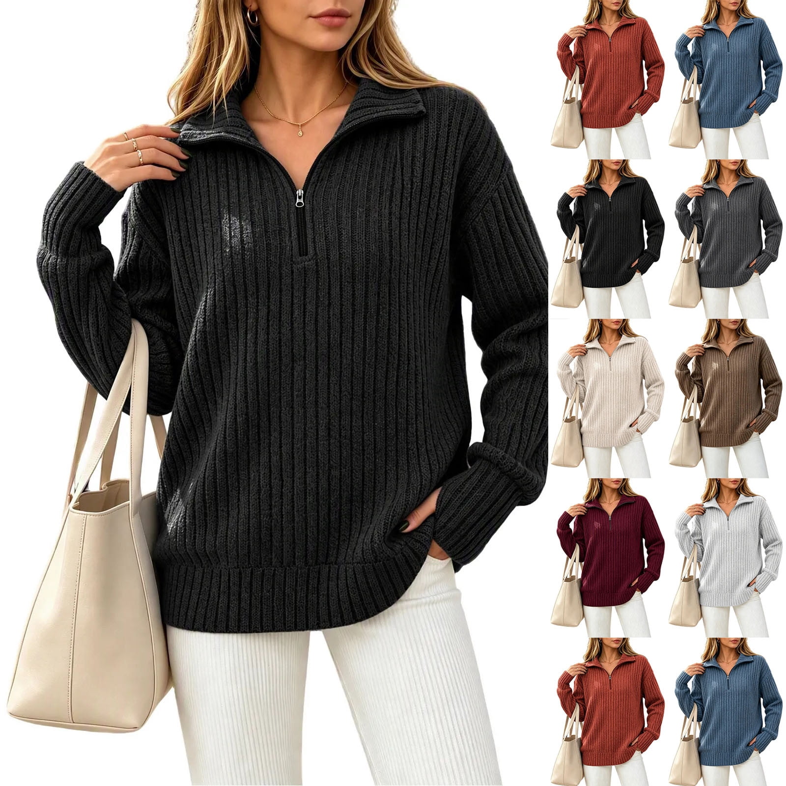 Tranfacy Ladies Solid Long Sleeve Turtleneck Half Zip Tops Thumb Cuff ...