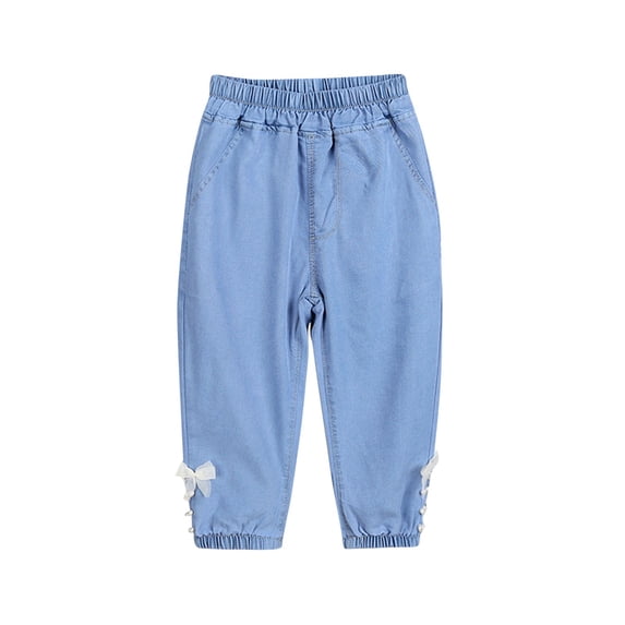 Tranfacy Girls Beaded Bow Ornament Cuffed Full Length Jeans Relaxed Outer Trousers 1‑6 Years