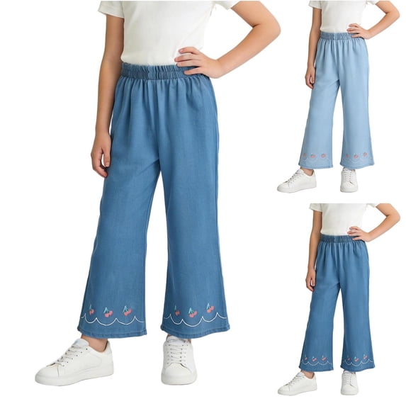 Tranfacy Girls Solid Ice Silk Denim Wide Leg Full Length Pants Thin Outer Wear Trousers 3‑12 Years