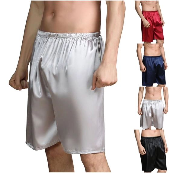 Tranfacy Men Summer Pajamas Shorts Solid Ice Silk Thin Relaxed Mid Length Daily Sports Style Five Point Indoor Home Loungewear