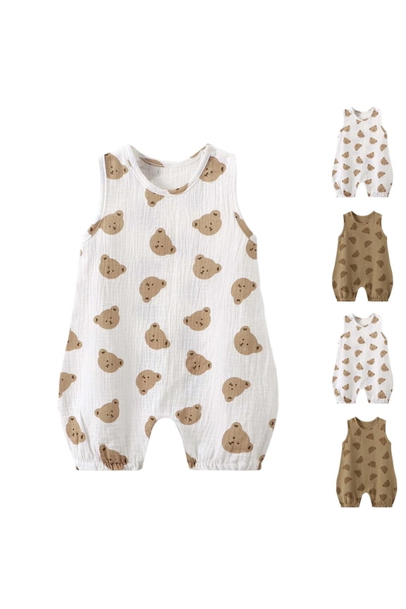 Newborn Boys Girls Summer Bear Print Sleeveless Gauze Sleep Robe Thin Home Romper for 3 Months to 2 Years