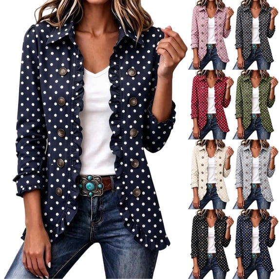Tranfacy Print Ruffle Jackets for Ladies Turn Down Collar 3/4 Sleeve ...