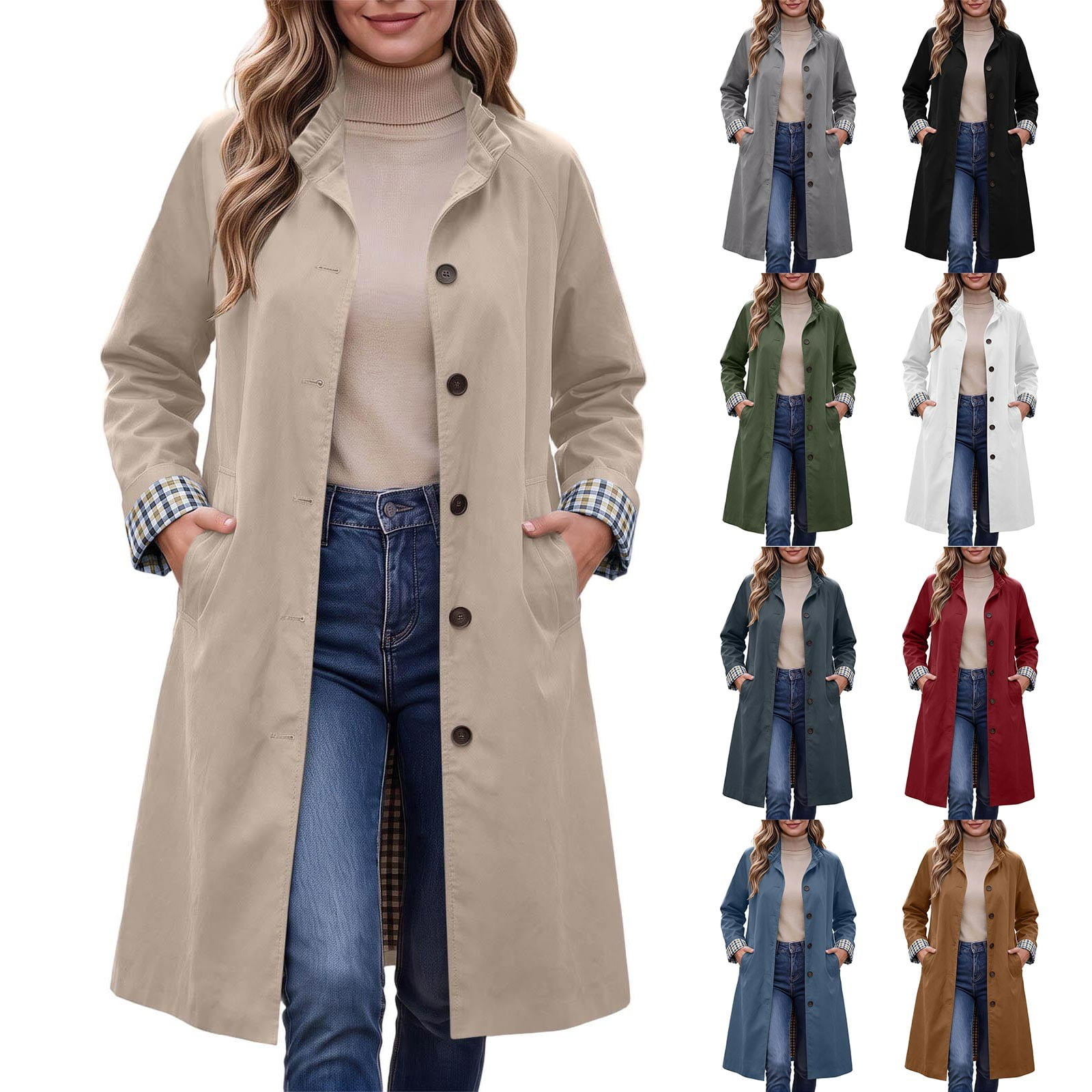 Large Turn Button Tranfacy Trench Jackets for Ladies Solid Turn Down Collar Button Front ...