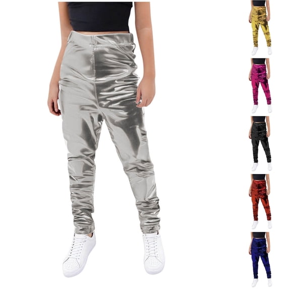 Tranfacy Unisex Kids 3-16Years Summer Solid Full Length Trousers Shiny Leather Elastic Waist Pants