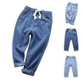 thumbnail image 1 of Tranfacy Unisex Kids Summer Solid Full Length Trousers Loose Drawstring Flat Leg Denim Pants, 1 of 4