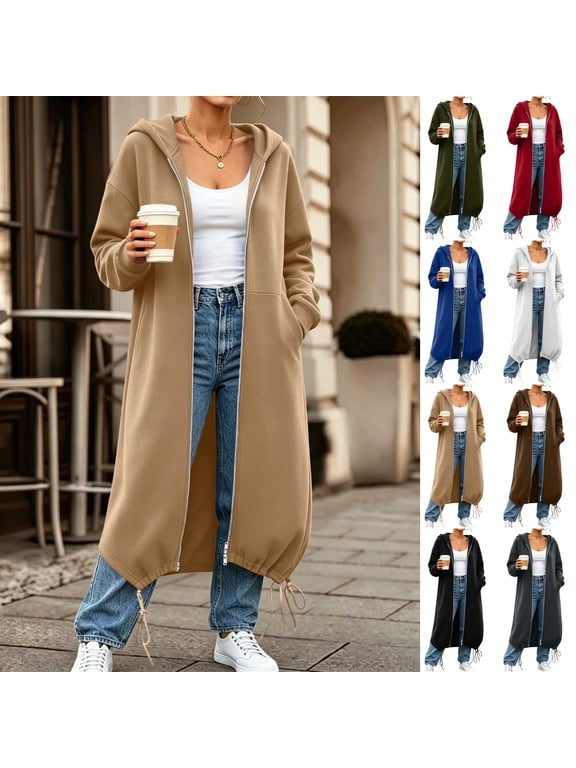 Women Solid Long Sweatshirt Jacket 2 Zip Up Side Pockets Long Sleeve Fall Winter Casual Outerwear Tops