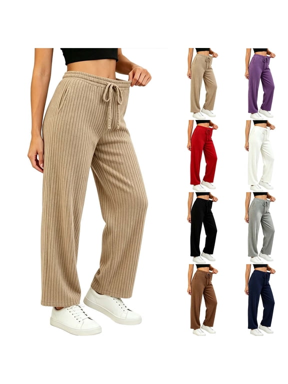 Women Solid Ribbed Brushed Full Length Pants Drawstring Elastic Waist Warm Casual Trousers for Fall and Winter