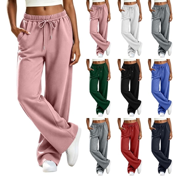 Tranfacy Women Solid Sport Full Length Pants Drawstring Elastic Waist Casual Trousers with Side Pockets for Daily Wear