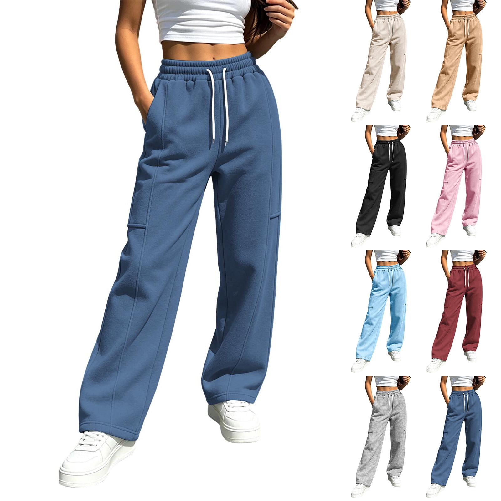 Tranfacy Women Solid Sweat Full Length Pants Drawstring Elastic Waist ...