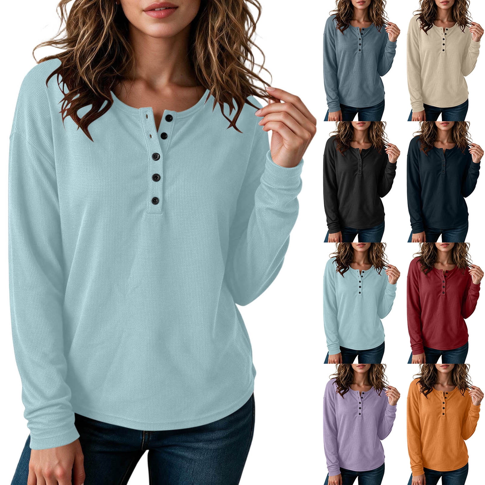 Tranfacy Women Solid Textured Knit Partial Button PlacketTops Long ...