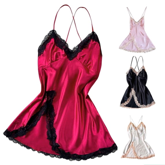 Tranfacy Women Summer Sleepshirt Solid Satin V Neck Short Dress Breathable Casual Home Attire