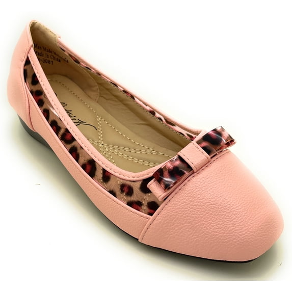 Women’s Ballerina Flats with Leopard Print Trim and Bow – Low Wedge Slip-On Dress Flats with Cushioned Insole – Comfortable Casual Everyday Shoes for Work or Evening Wear