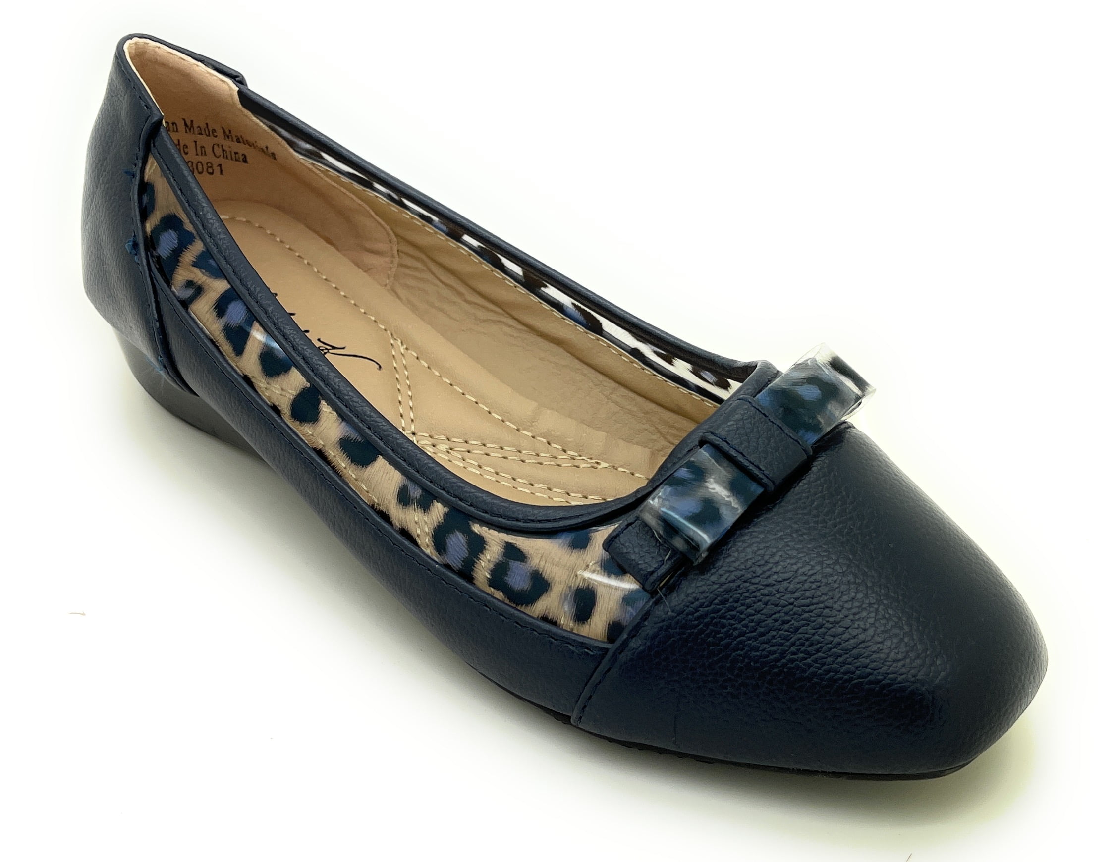 Women’s Ballerina Flats with Leopard Print Trim and Bow – Low Wedge Slip-On Dress Flats with Cushioned Insole – Comfortable Casual Everyday Shoes for Work or Evening Wear