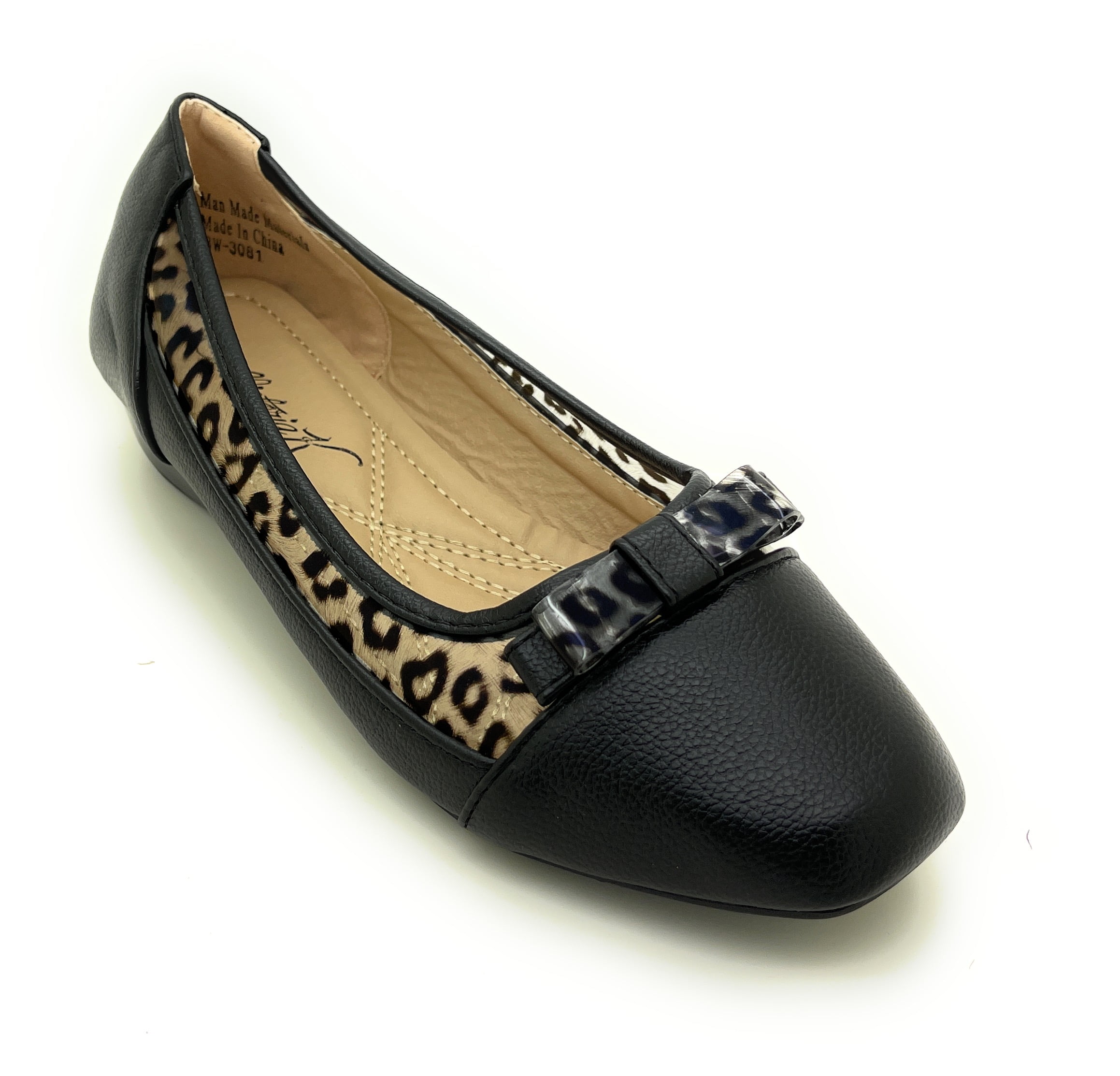 Women’s Ballerina Flats with Leopard Print Trim and Bow – Low Wedge Slip-On Dress Flats with Cushioned Insole – Comfortable Casual Everyday Shoes for Work or Evening Wear