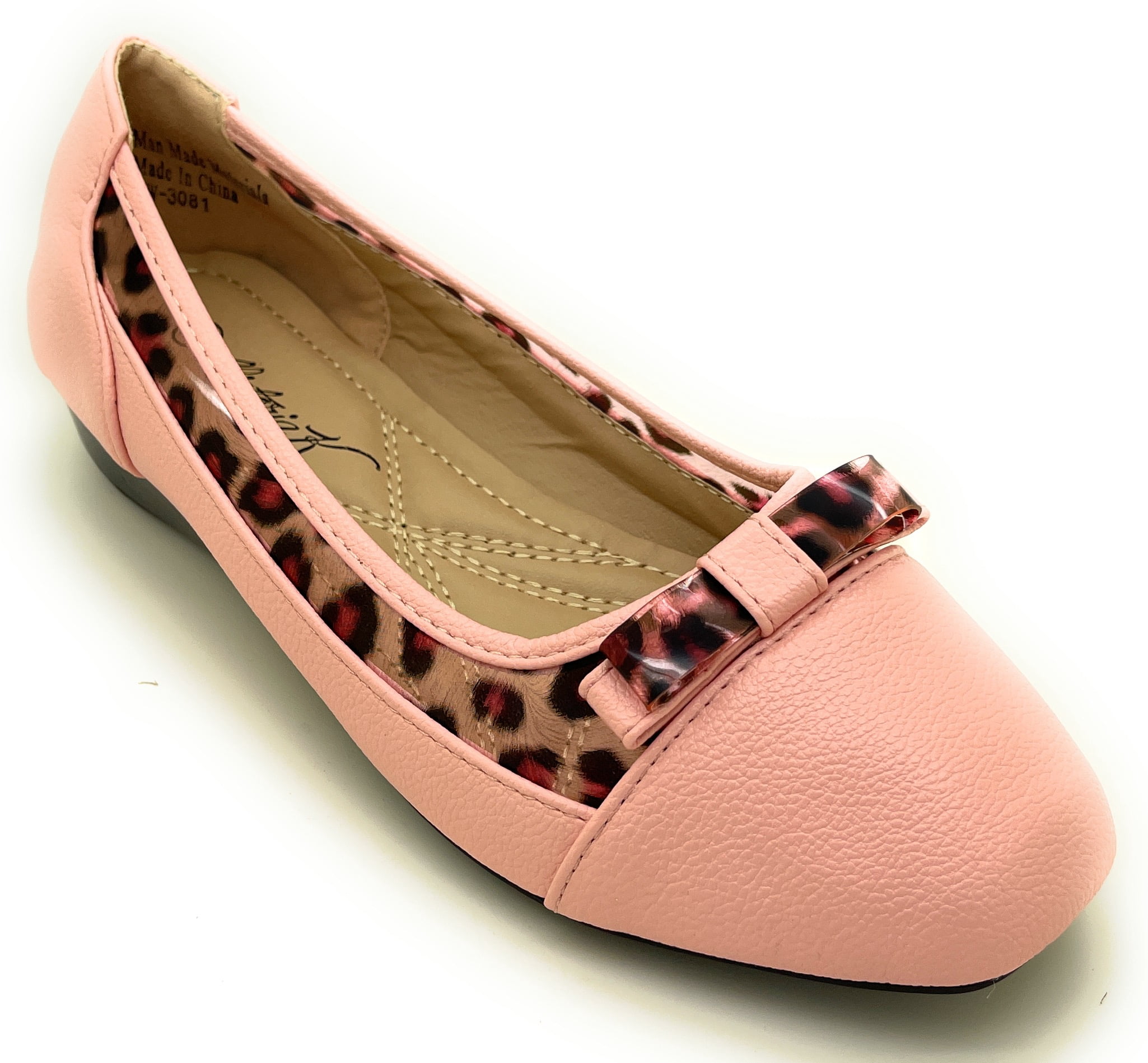 Women’s Ballerina Flats with Leopard Print Trim and Bow – Low Wedge Slip-On Dress Flats with Cushioned Insole – Comfortable Casual Everyday Shoes for Work or Evening Wear