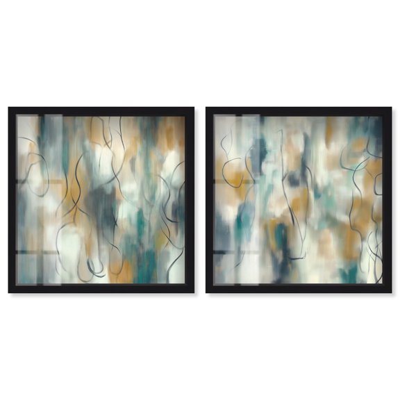 Tranquil Abstract Fluidity Pair Shadowbox Print Coastal Abstract Art Set by Art Remedy, Black Frame, 12 x 12