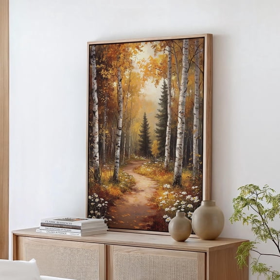 Tranquil Autumn Forest Pathway Lined With Birch Trees And Wildflowers – Golden Fall Woodland Landscape Wall Art, Modern Wall Decor, 8x12 UNFRAMED
