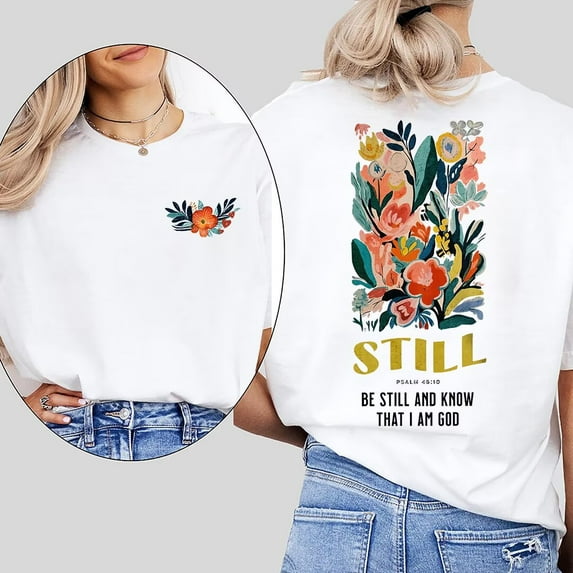 Tranquil Be Still and Know Psalm 46:10 Print Tshirt Bible Verse Graphic Tees Faith Based Short Sleeve Casual Tops for Womens Daily Outfits White,4XL