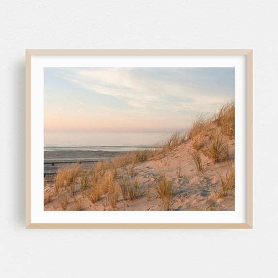 Tranquil Beach Sunset Wijk aan Zee, The Netherlands - Wijk aan Zee North Holland Netherlands Photography Beach Coast Sunset Landscape Seascape Nature Pastel Oak Framed Wall Art Print 5 x 7 inches
