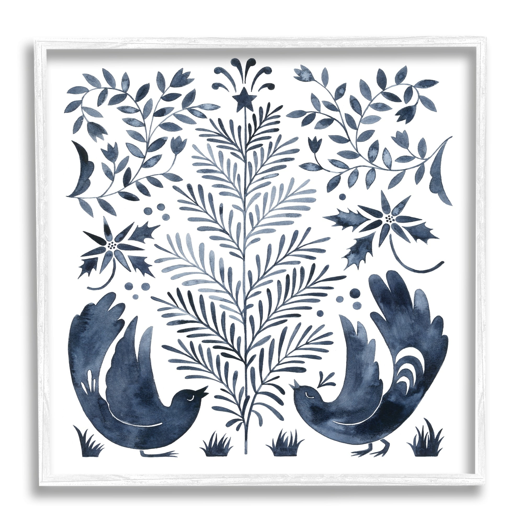 Tranquil Blue Birds Botanical Holiday Tree Design Animals & Insects Painting Framed Art Print Wall Art