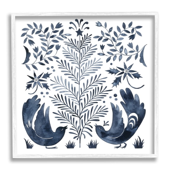 Tranquil Blue Birds Botanical Holiday Tree Design Animals & Insects Painting Framed Art Print Wall Art