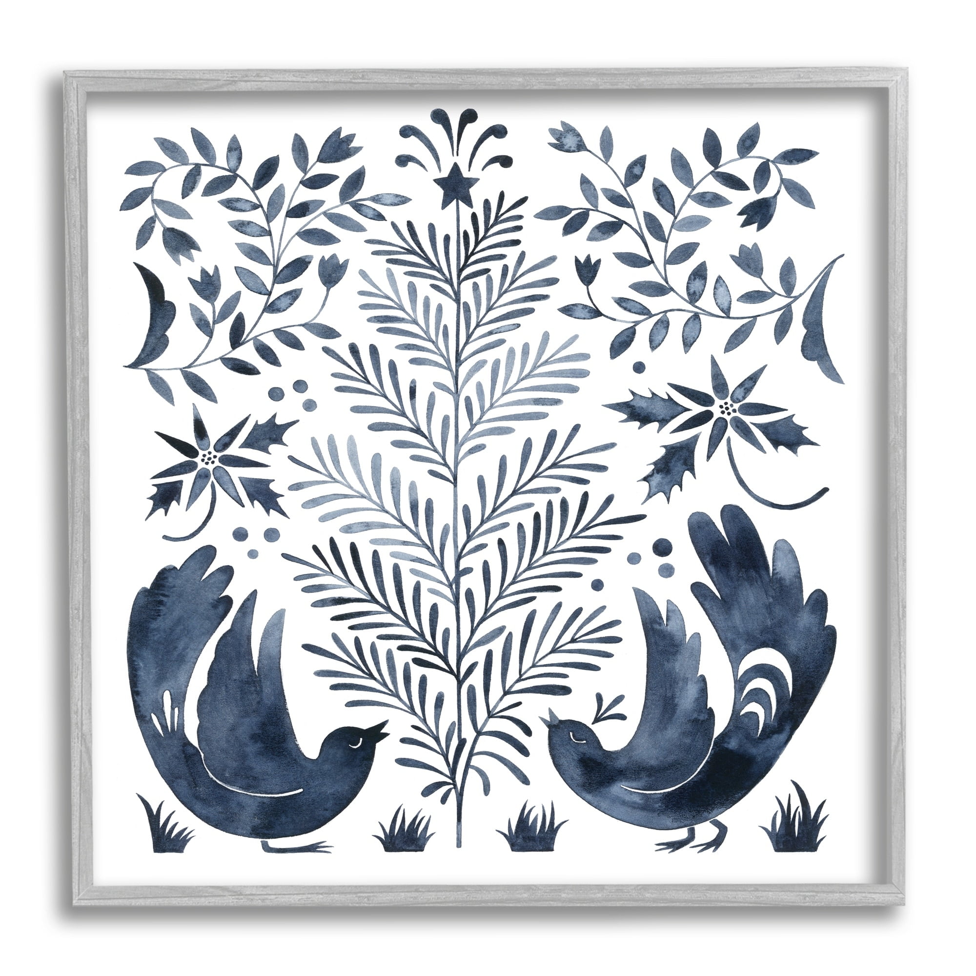 Tranquil Blue Birds Botanical Holiday Tree Design Animals & Insects Painting Framed Art Print Wall Art