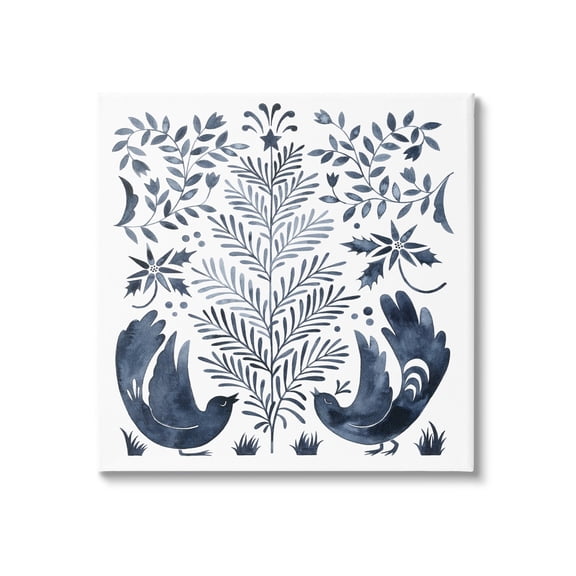 Tranquil Blue Birds Botanical Holiday Tree Design Animals & Insects Painting Gallery-Wrapped Canvas Print Wall Art