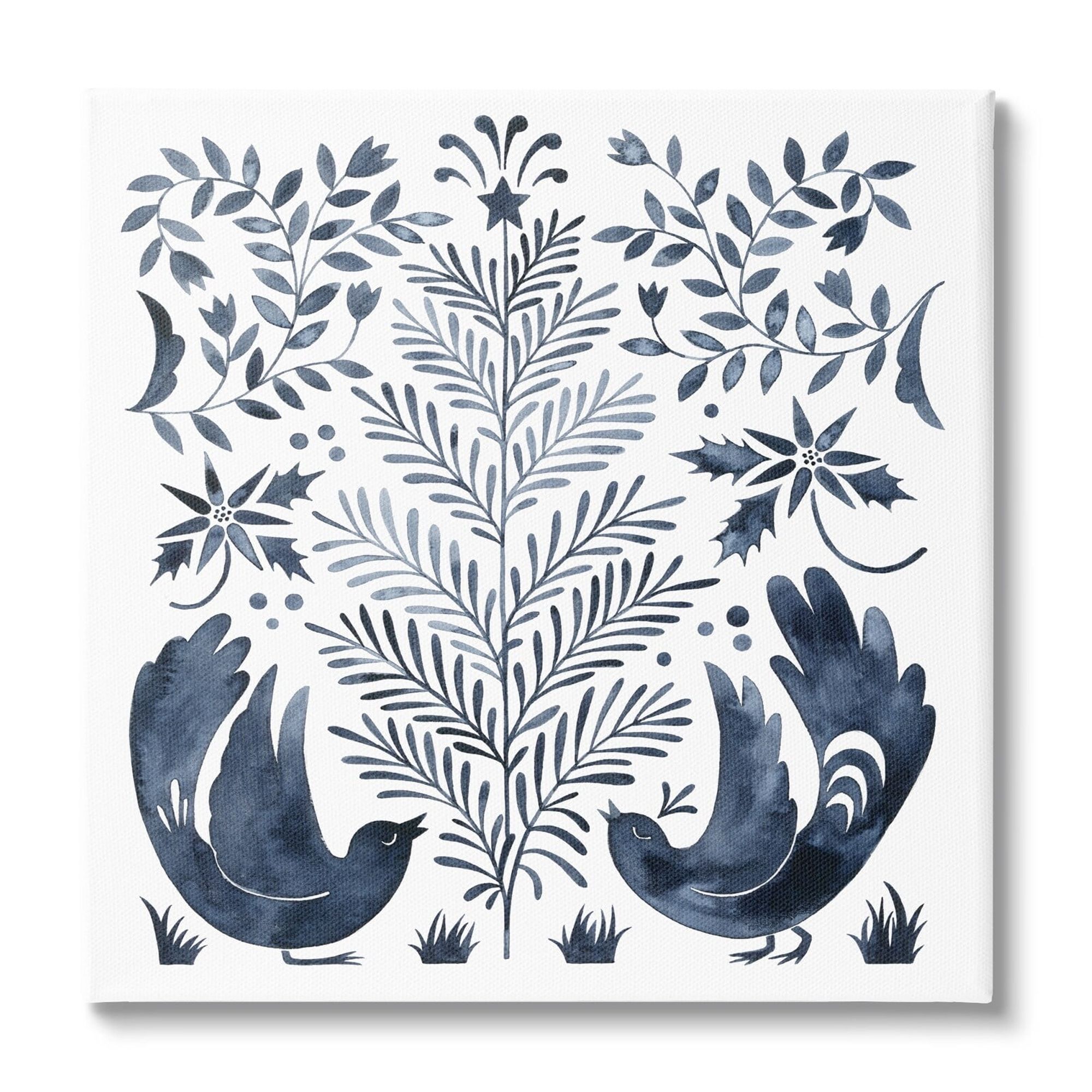 Tranquil Blue Birds Botanical Holiday Tree Design Animals & Insects Painting Gallery-Wrapped Canvas Print Wall Art