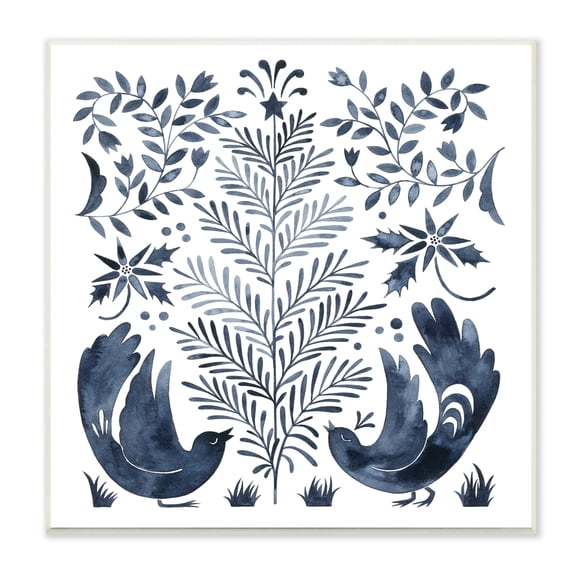 Tranquil Blue Birds Botanical Holiday Tree Design Animals & Insects Painting Unframed Art Print Wall Art