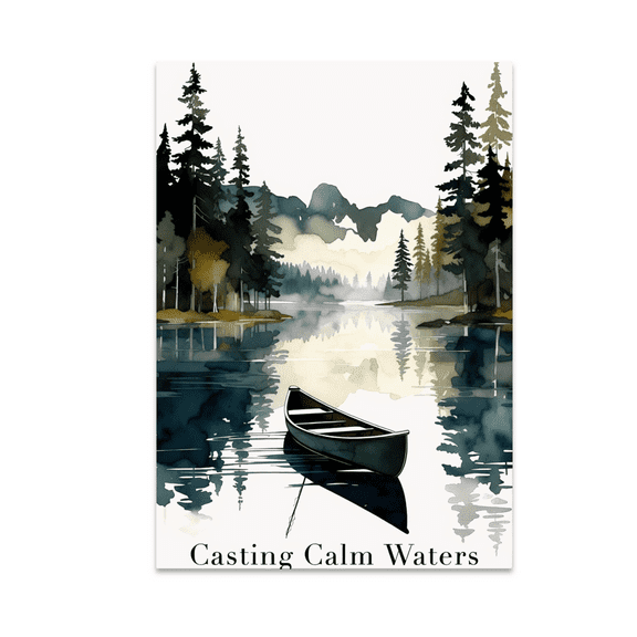 Tranquil Canoe Lake Scene - Fishing Enthusiasts - 13x19 Poster Print