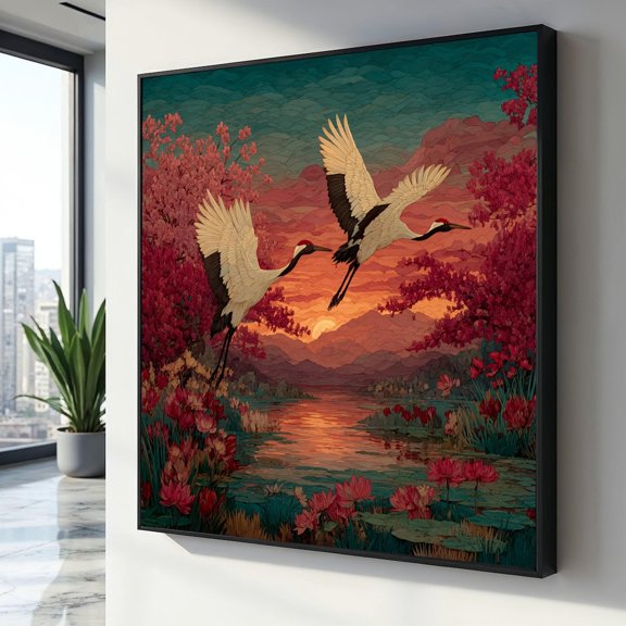 Tranquil Crane Flight Sunset Lake Scene Wall Art Floral Wildlife Landscape Nature Inspired