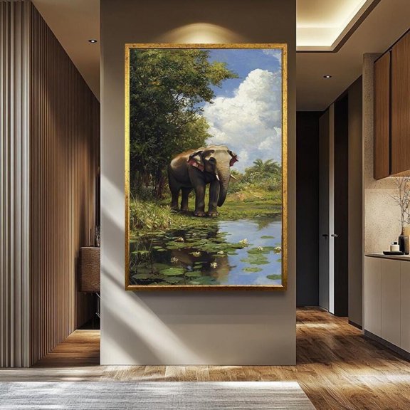 Tranquil Elephant Wall Art Nature Peaceful Tropical Wildlife Decoration, Stretched Canvas 8x10in