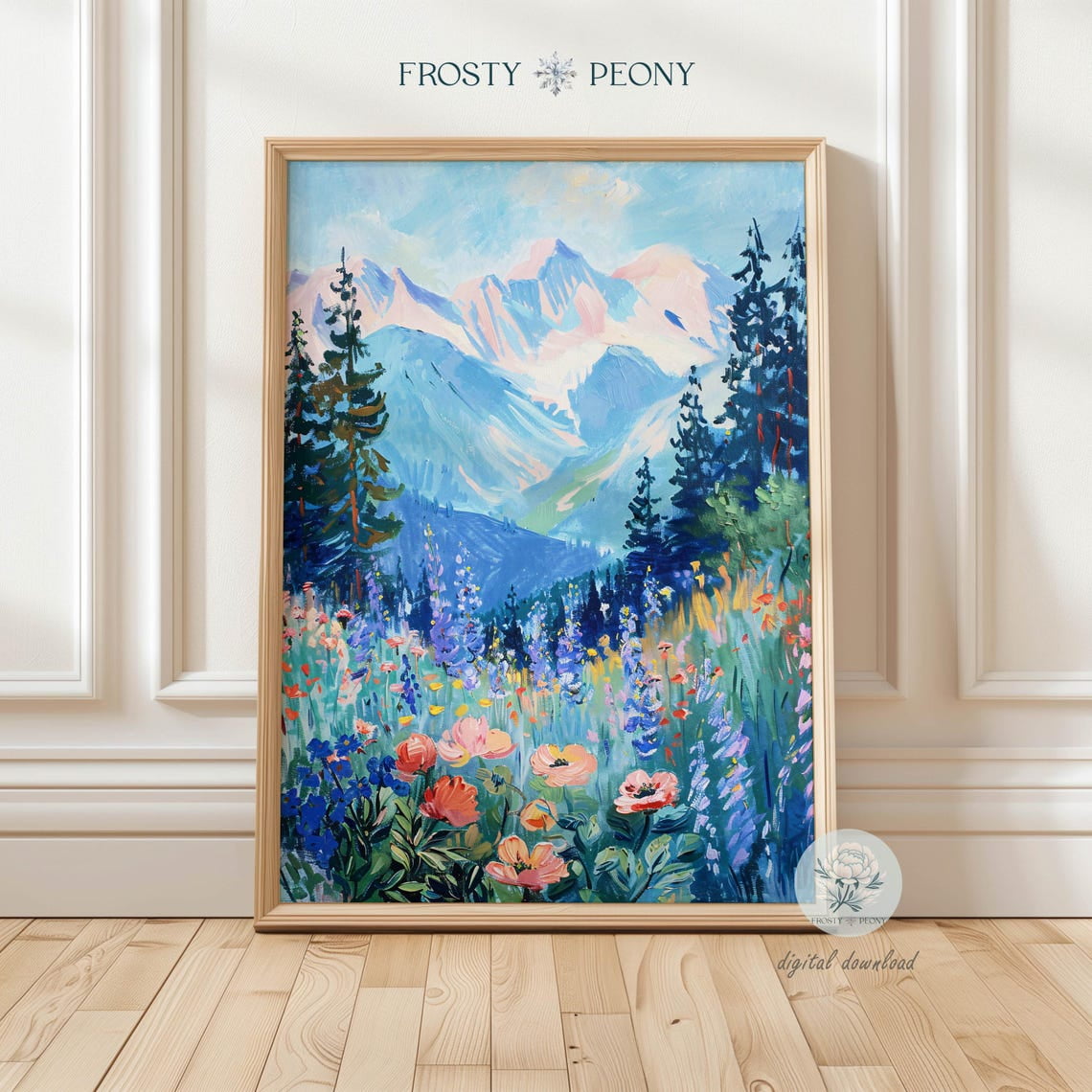 Tranquil Floral Mountain Landscape Art Print, Colorful Nature Scenery ...