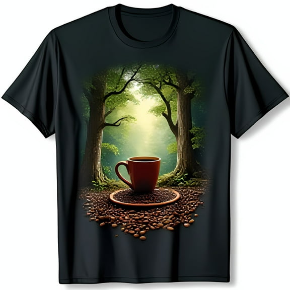 Tranquil Forest Coffee Graphic Black T-Shirt Nature Inspired Design