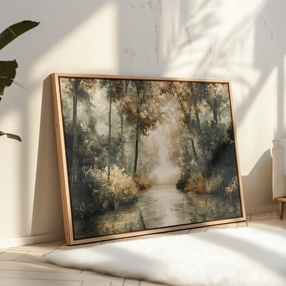 Tranquil Forest River Art - Serene Nature Scene With Reflective Water And Soft Light For Rustic And Natural Home Decor Art