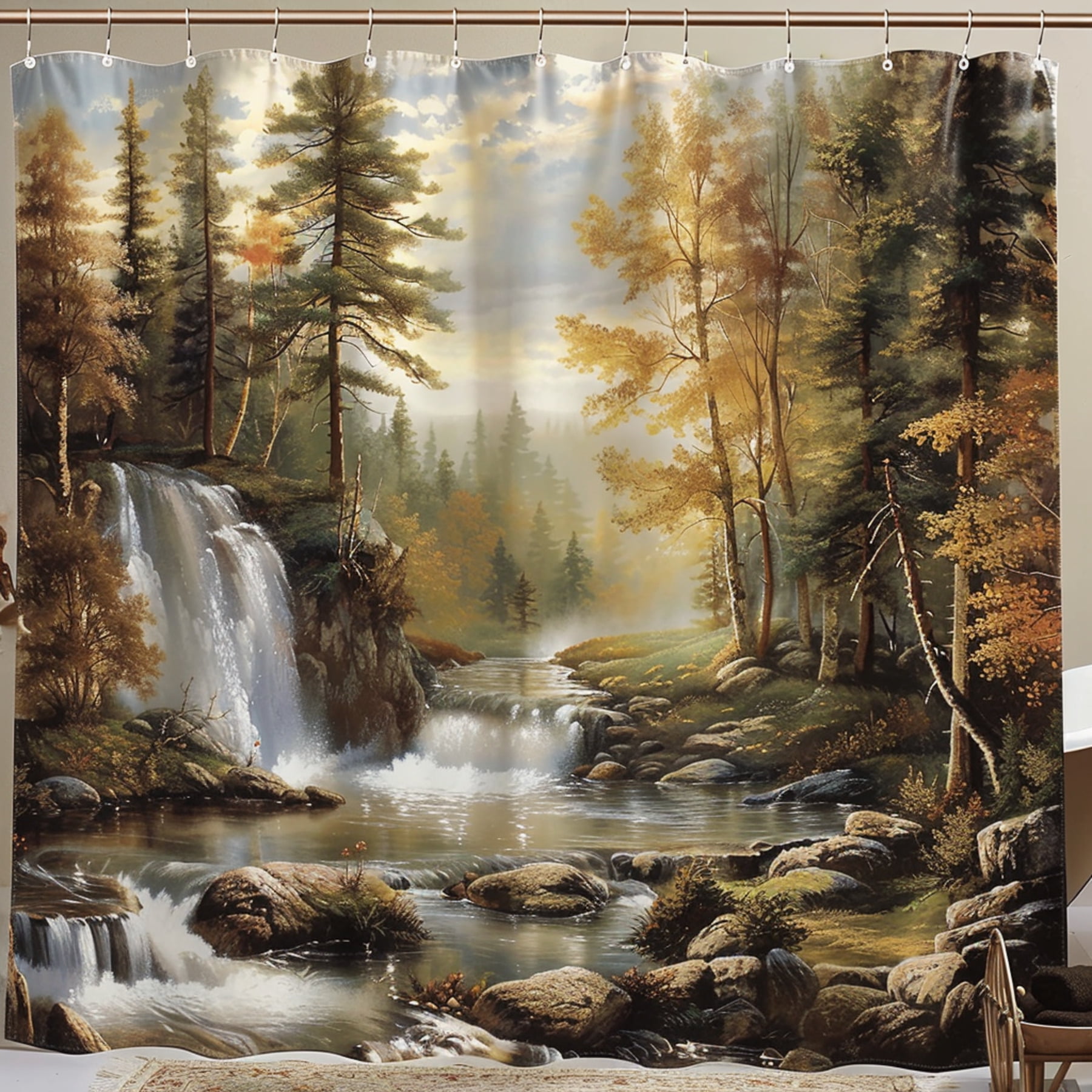 Tranquil Forest River Shower Curtain Thomas Kinkade Style Nature Scene