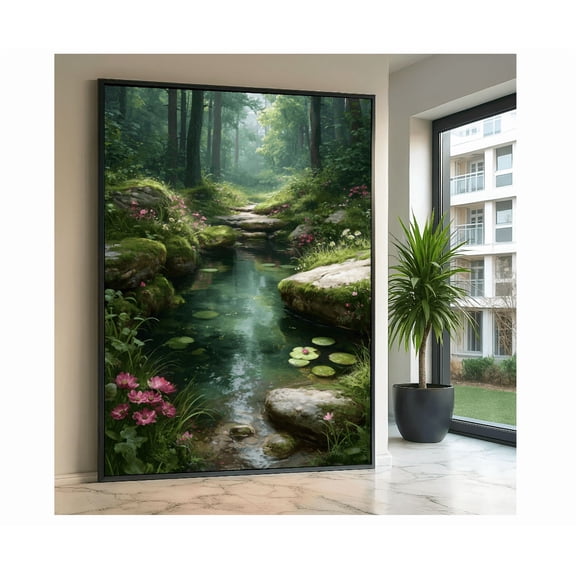 Tranquil Forest Stream Mossy Rocks And Water Lilies Serene Nature Landscape Floral And Woodland Wall Art Home Decor Poster