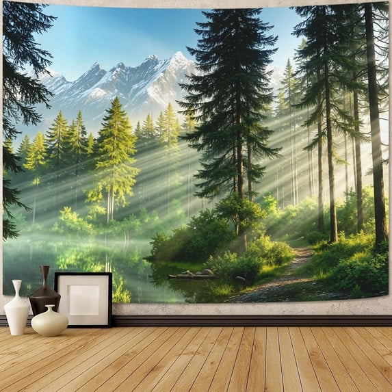 Tranquil Forest Wall Tapestry, Lakeside Mountain Tapestries for Room Decor, Sun Ray Nature Tapestry 90"x60"