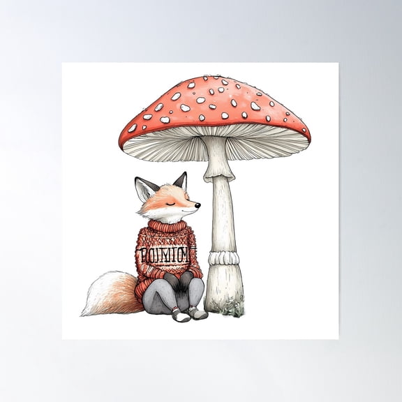 Tranquil Fox And Toadstool: Cozy Forest Charm Poster Wall Art, Modern Wall Decor For Living Room Bedroom, 30x30 UNFRAMED