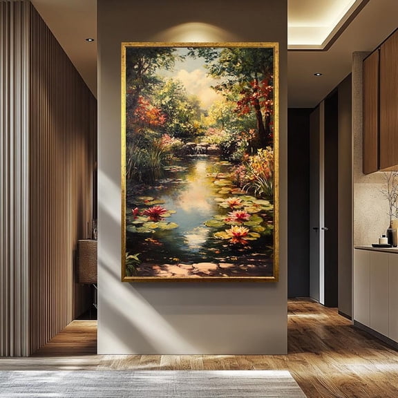 Tranquil Garden Print, Serene Lily Pond With Waterfall, Unframed Paper Poster 8x10in