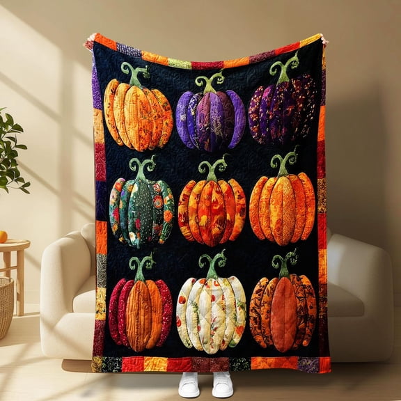 [Tranquil Guild] Colorful Patchwork Pumpkin Art Blanket, Autumnal Patterns, Quilted Craft, Cozy Home Decor for Living Room Bedroom