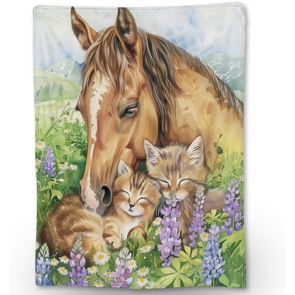 Tranquil Horse and Cats in Meadow Blanket Soft Flannel Throw Cozy, Lightweight Perfect for Couch, Bed, Travel Charming Home Decor for Indoor Outdoor Use 80x60