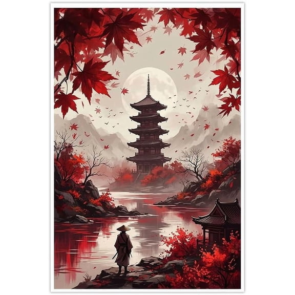 Tranquil Japanese Pagoda Temple Wall Art Red Maple Leaves Autumn Landscape Full Moon Canvas Print Home Decor for Living Room Bedroom Aesthetic Asian Art