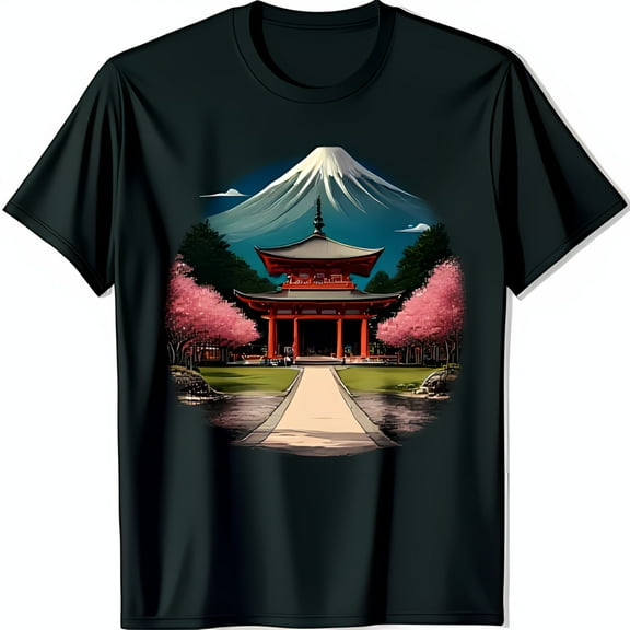 Tranquil Japanese Temple Graphic Black T-Shirt with Cherry Blossoms & Mt