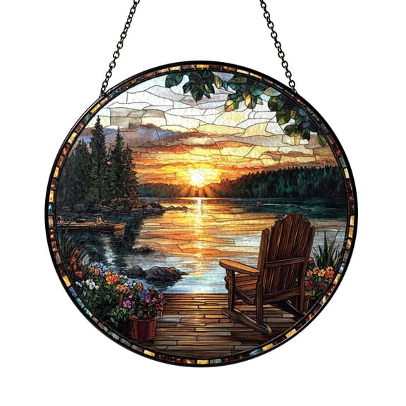Tranquil Lake Dock Stained Glass Style Suncatcher Window Hanging Rustic Sunset Cabin Scene Relaxing Home Nature Accent