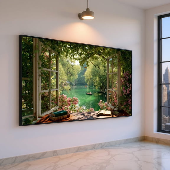 Tranquil Lake View Through Open Window Floral Garden Wall Decor Peaceful Nature Landscape Serene Home Decor