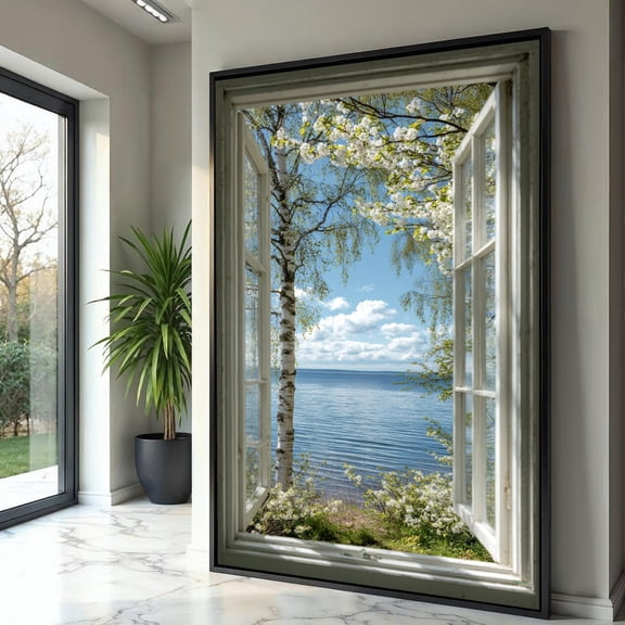 Tranquil Lake View Through Open Window Spring Blossom Nature Landscape Wall Art Scenic Outdoor Decor For Home Print Poster , Poster Print Only